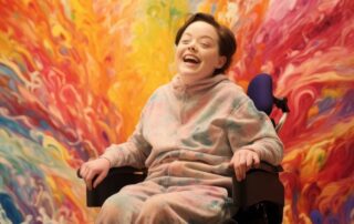 La imagen muestra una joven en silla de ruedas feliz sonriendo y al fondo varios colores abstractos.