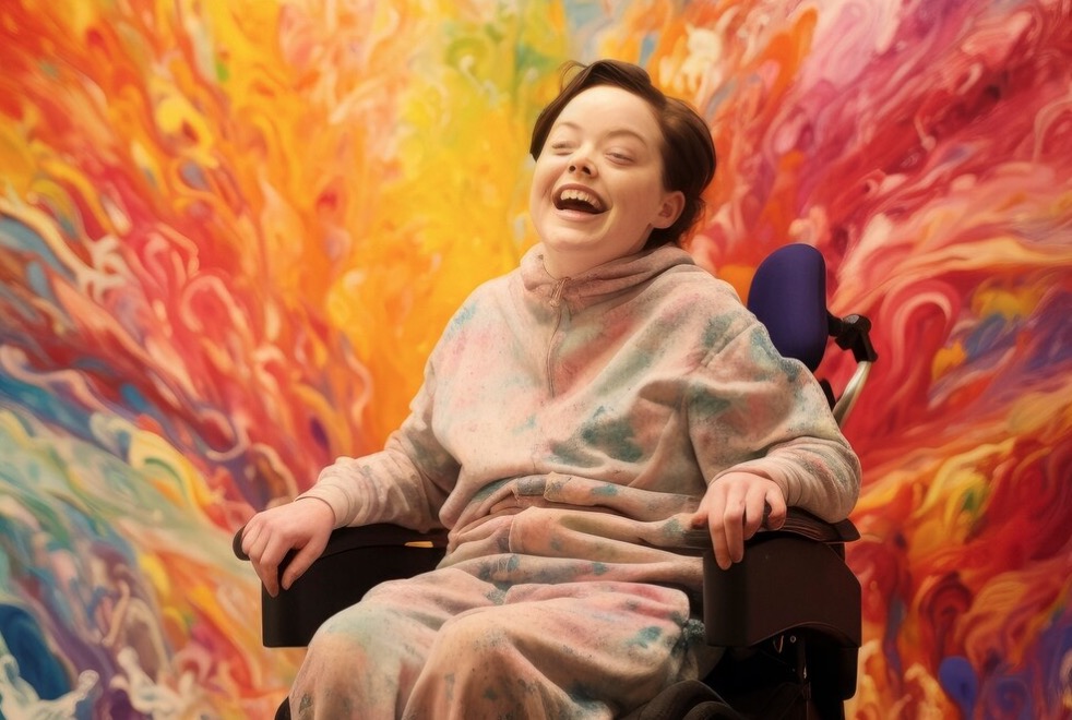 La imagen muestra una joven en silla de ruedas feliz sonriendo y al fondo varios colores abstractos.